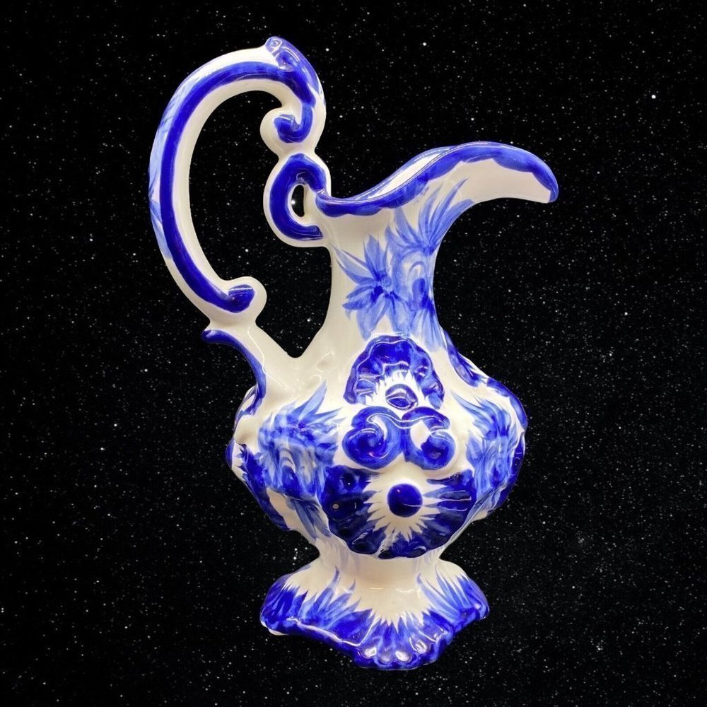 Portugal‎ Art Pottery Cobalt Blue Hand Painted Pitcher Decorative 9.5”T 6”W